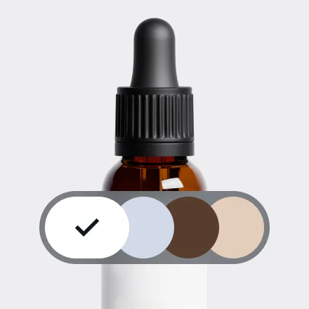 Amber dropper bottle with a color and shade selector interface overlay.