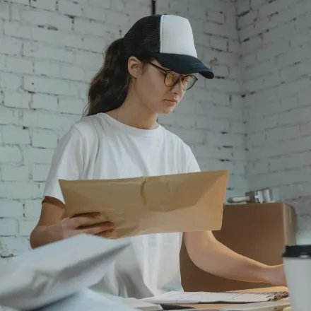 Person wearing a cap opening a shipped package.