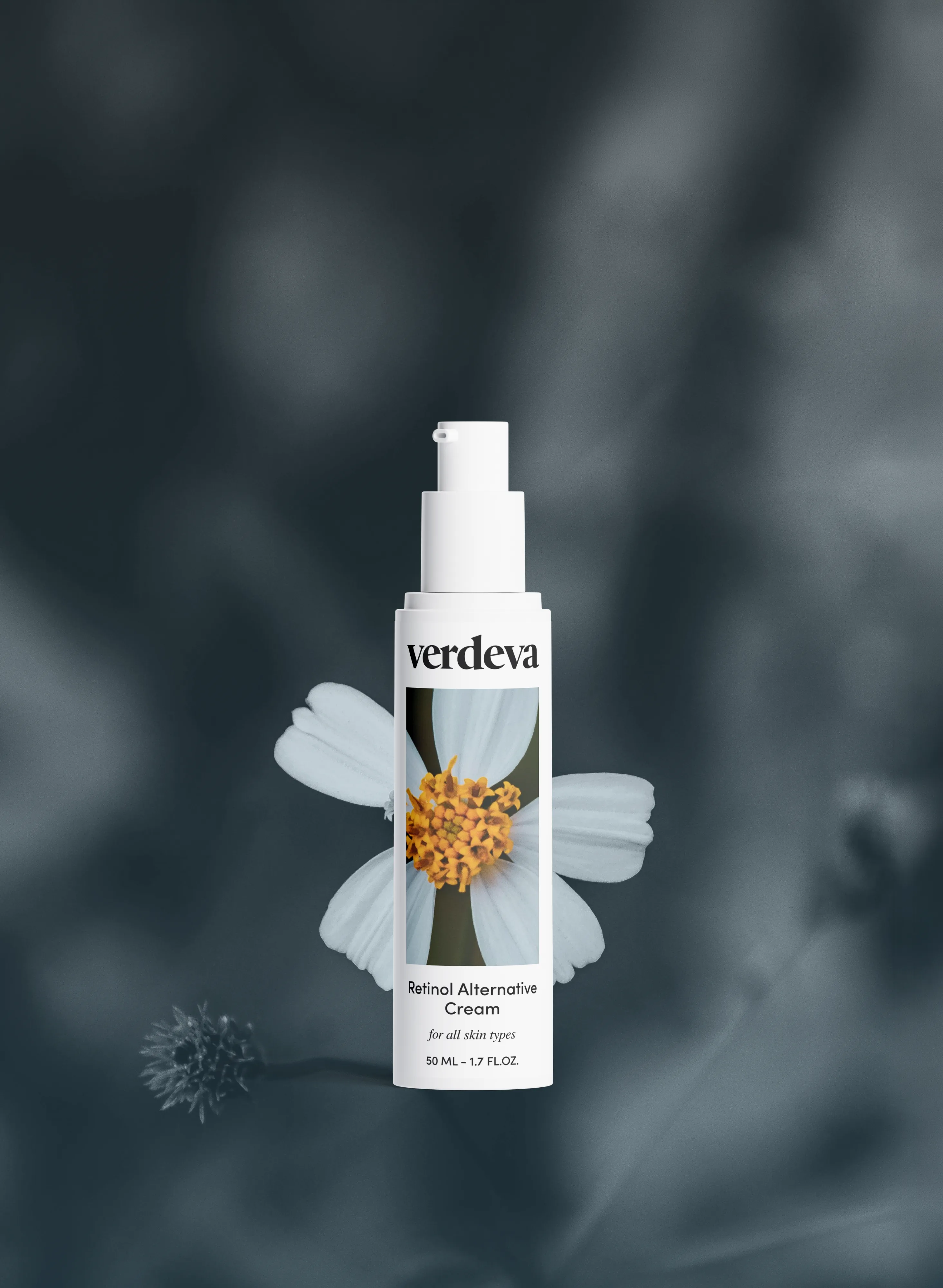 White pump bottle of "verdeva" Retinol Alternative Cream on a dark floral background