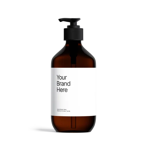 White pump bottle mockup labeled "Your Brand Here" on a light grey background, illustrating custom private label branding.