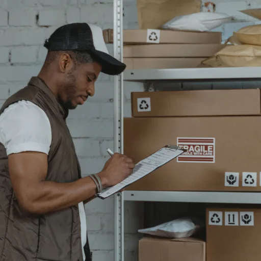 Warehouse worker in a cap checking a shipping box against a clipboard inside a fulfillment center.